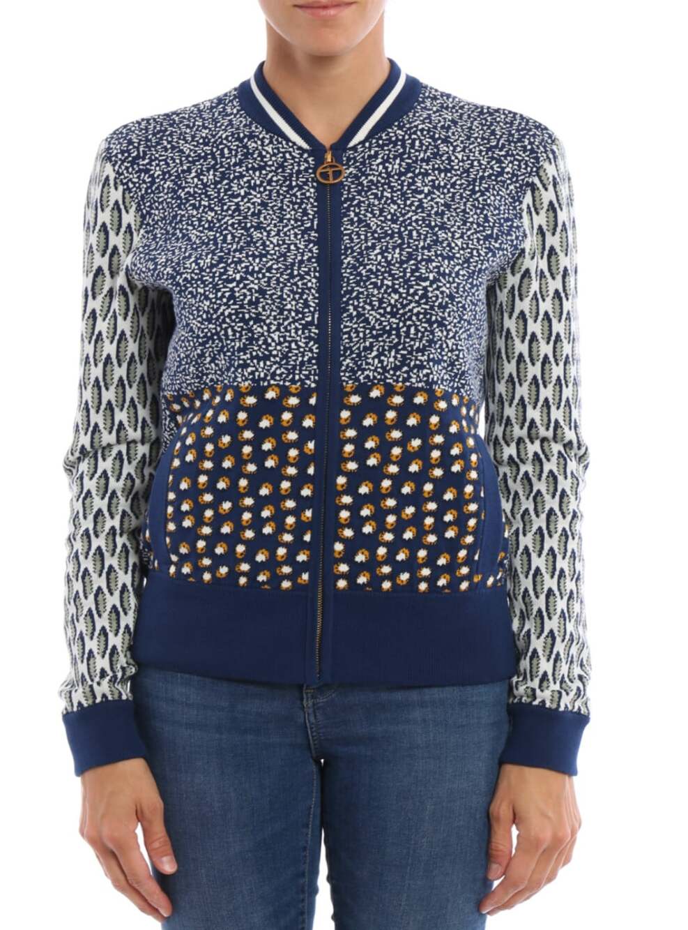 Tory Burch Leah Knitted Cotton Bomber Jacket in Navy Pattern Size Small